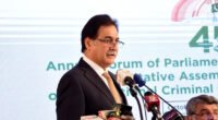 NA Speaker Sardar Ayaz Sadiq addressing the 45th Annual Forum of Parliamentarians for Global Action in Islamabad.
